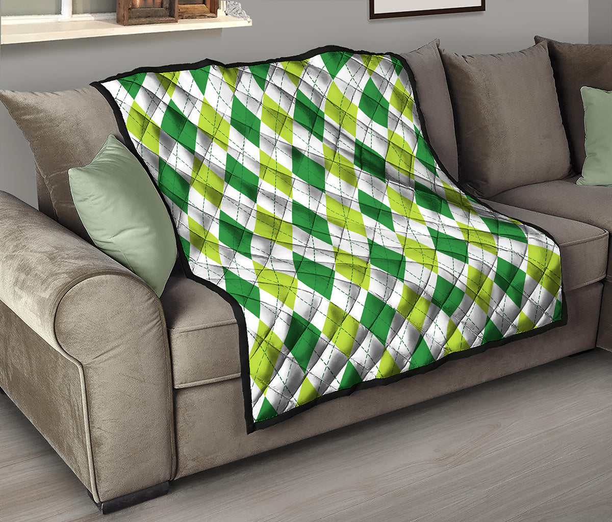 White And Green Argyle Pattern Print Quilt