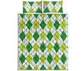 White And Green Argyle Pattern Print Quilt Bed Set