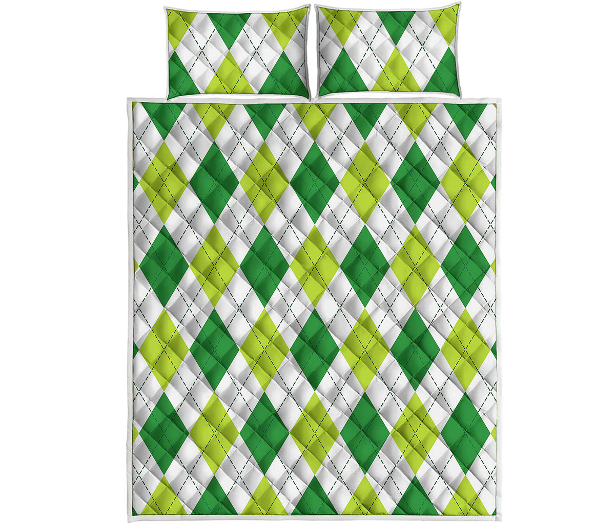 White And Green Argyle Pattern Print Quilt Bed Set