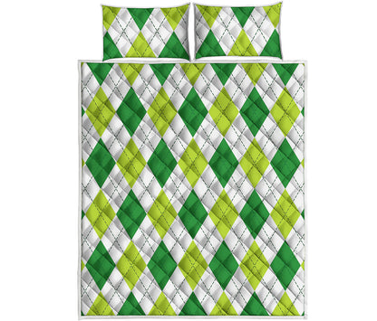 White And Green Argyle Pattern Print Quilt Bed Set