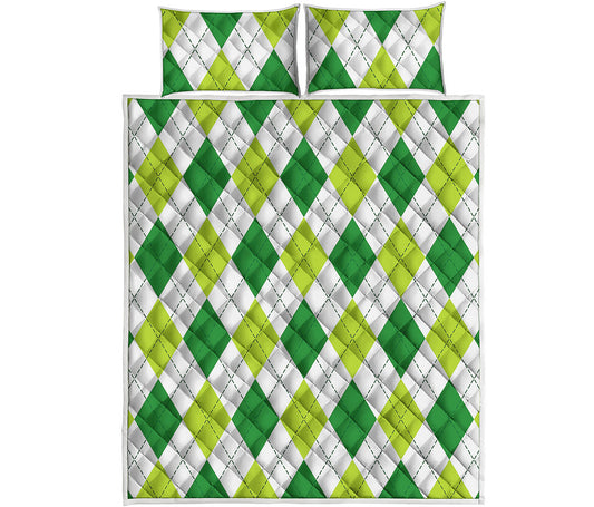 White And Green Argyle Pattern Print Quilt Bed Set