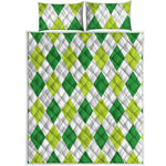 White And Green Argyle Pattern Print Quilt Bed Set