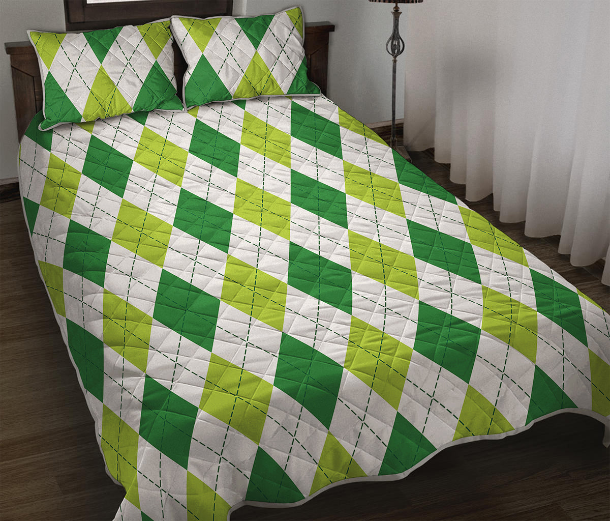 White And Green Argyle Pattern Print Quilt Bed Set