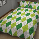 White And Green Argyle Pattern Print Quilt Bed Set
