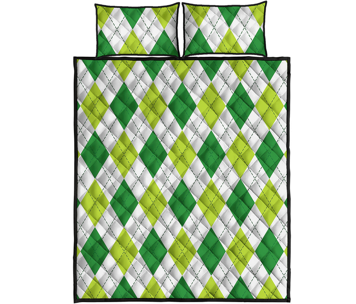 White And Green Argyle Pattern Print Quilt Bed Set