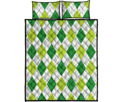 White And Green Argyle Pattern Print Quilt Bed Set
