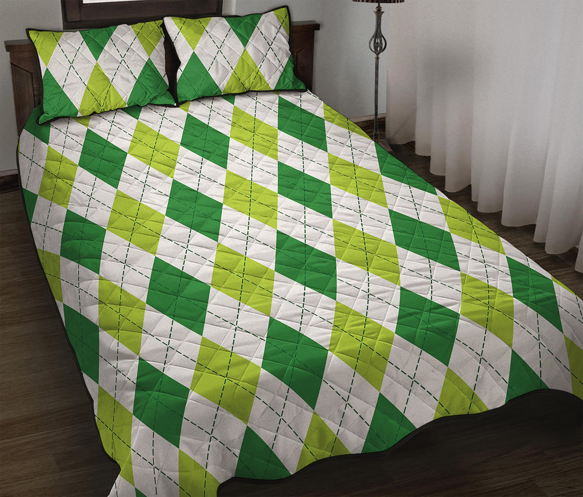 White And Green Argyle Pattern Print Quilt Bed Set