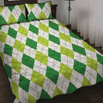 White And Green Argyle Pattern Print Quilt Bed Set