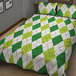 White And Green Argyle Pattern Print Quilt Bed Set