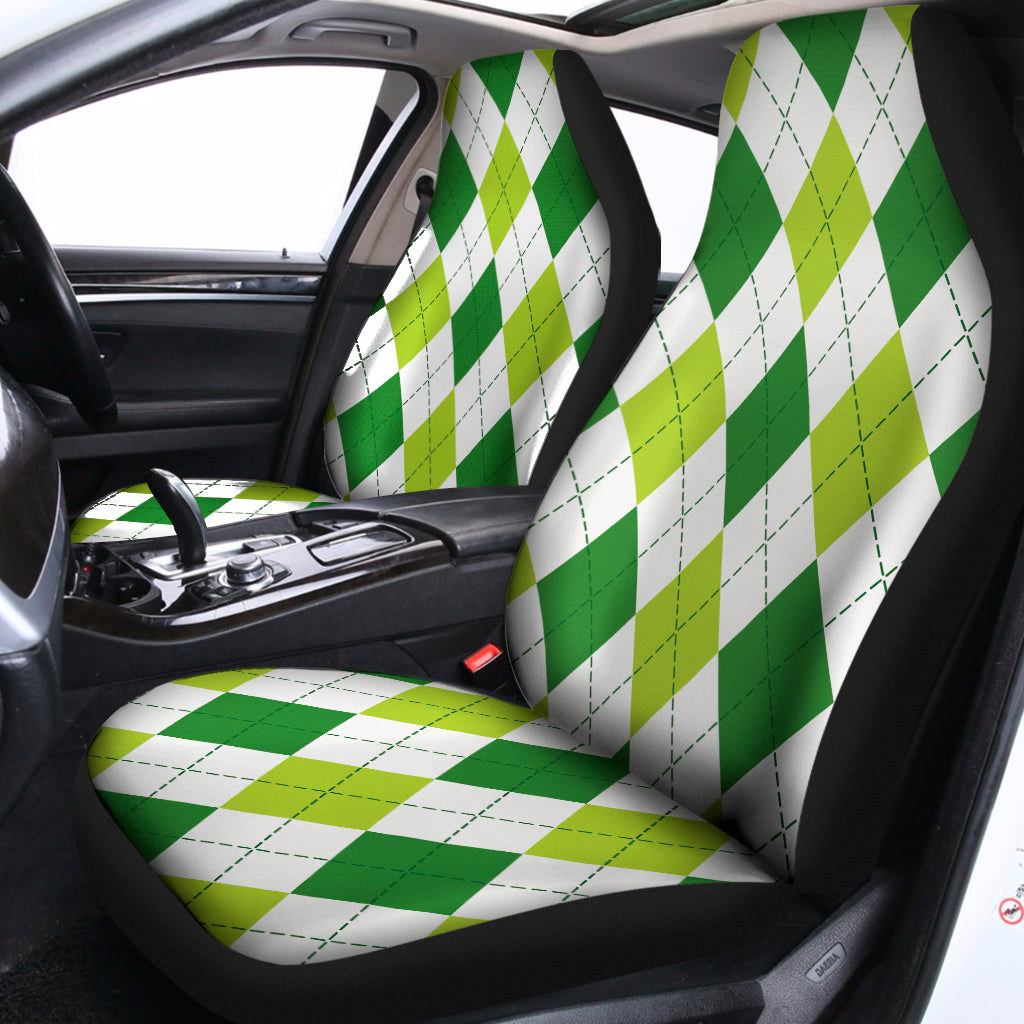 White And Green Argyle Pattern Print Universal Fit Car Seat Covers