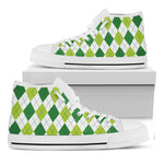 White And Green Argyle Pattern Print White High Top Shoes