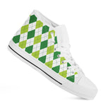 White And Green Argyle Pattern Print White High Top Shoes