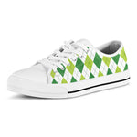 White And Green Argyle Pattern Print White Low Top Shoes