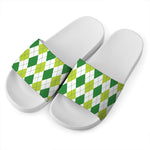White And Green Argyle Pattern Print White Slide Sandals
