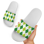 White And Green Argyle Pattern Print White Slide Sandals