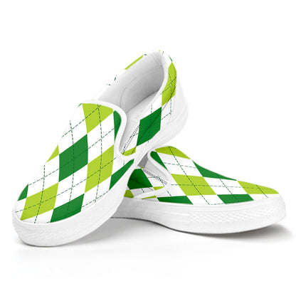 White And Green Argyle Pattern Print White Slip On Shoes