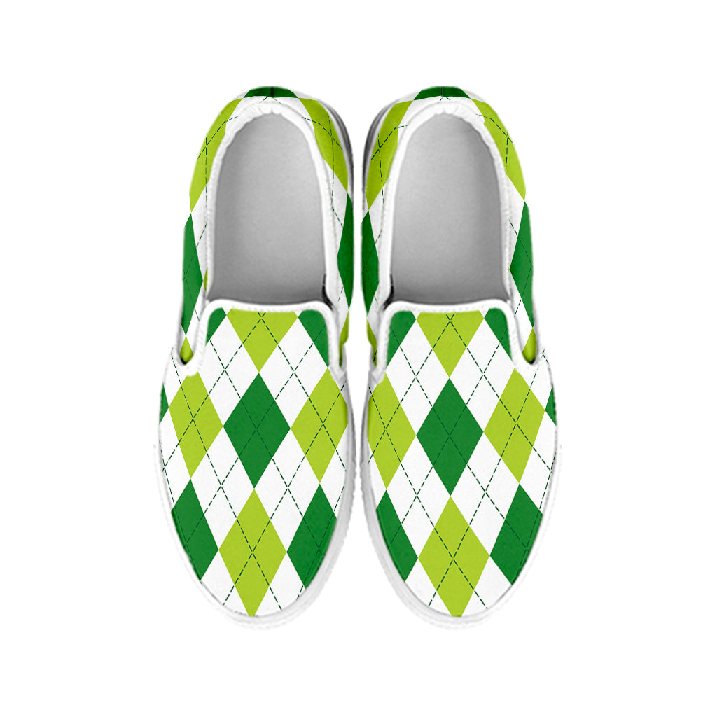 White And Green Argyle Pattern Print White Slip On Shoes