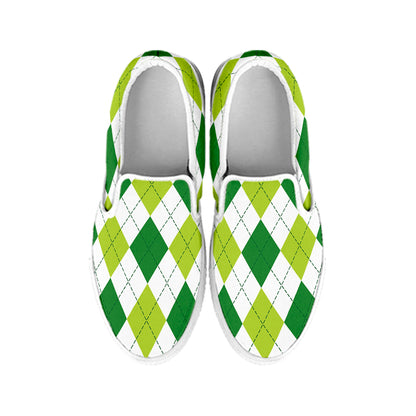 White And Green Argyle Pattern Print White Slip On Shoes