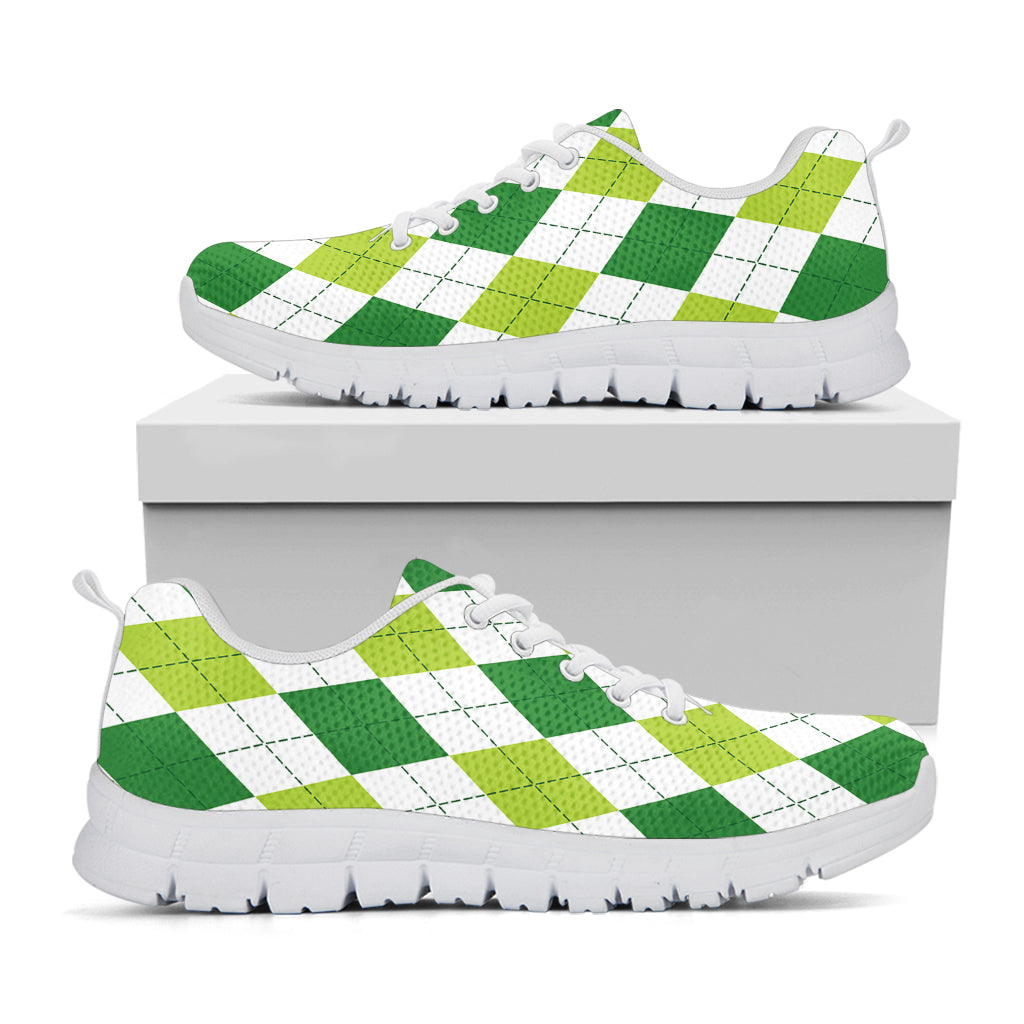 White And Green Argyle Pattern Print White Sneakers