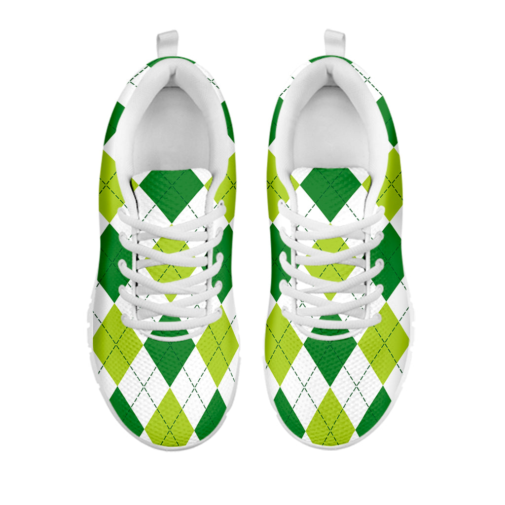 White And Green Argyle Pattern Print White Sneakers