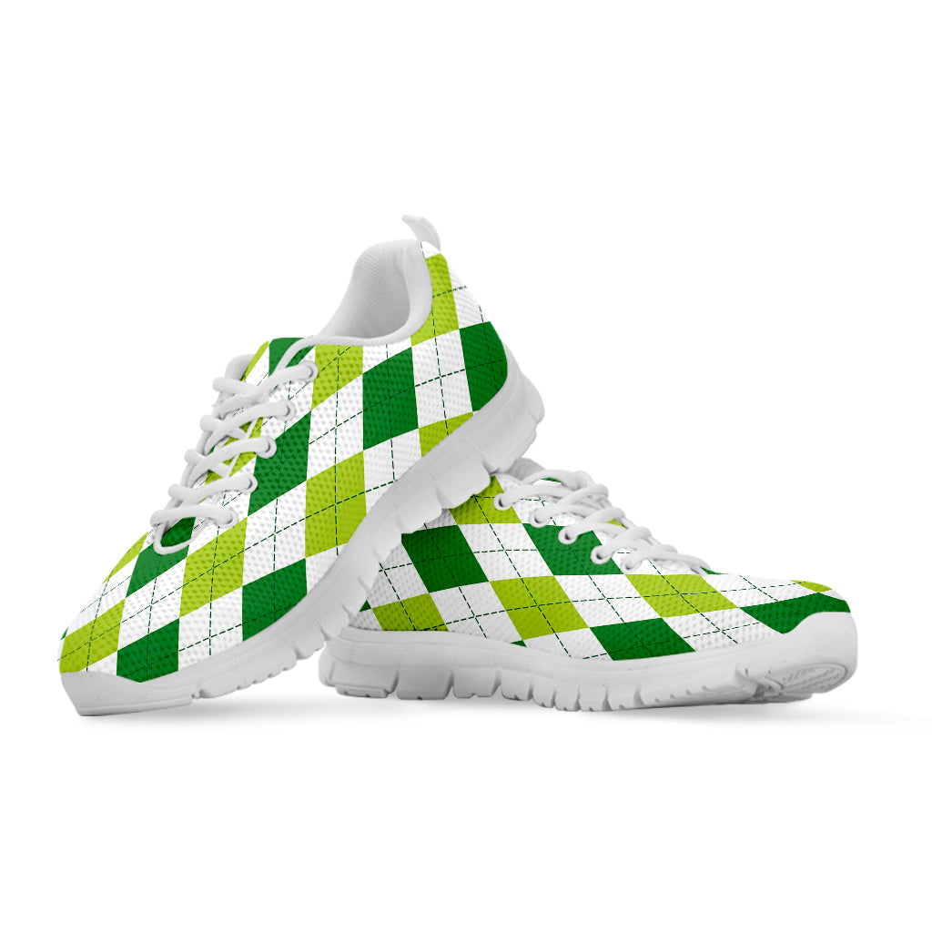 White And Green Argyle Pattern Print White Sneakers