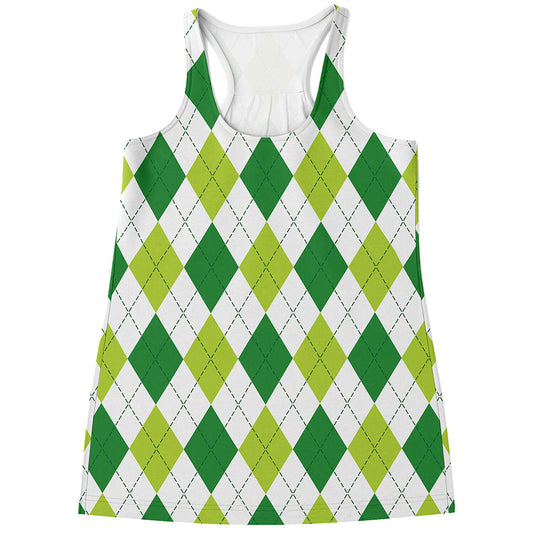 White And Green Argyle Pattern Print Women's Racerback Tank Top