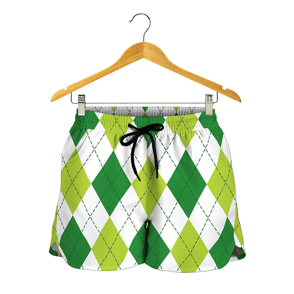 White And Green Argyle Pattern Print Women's Shorts