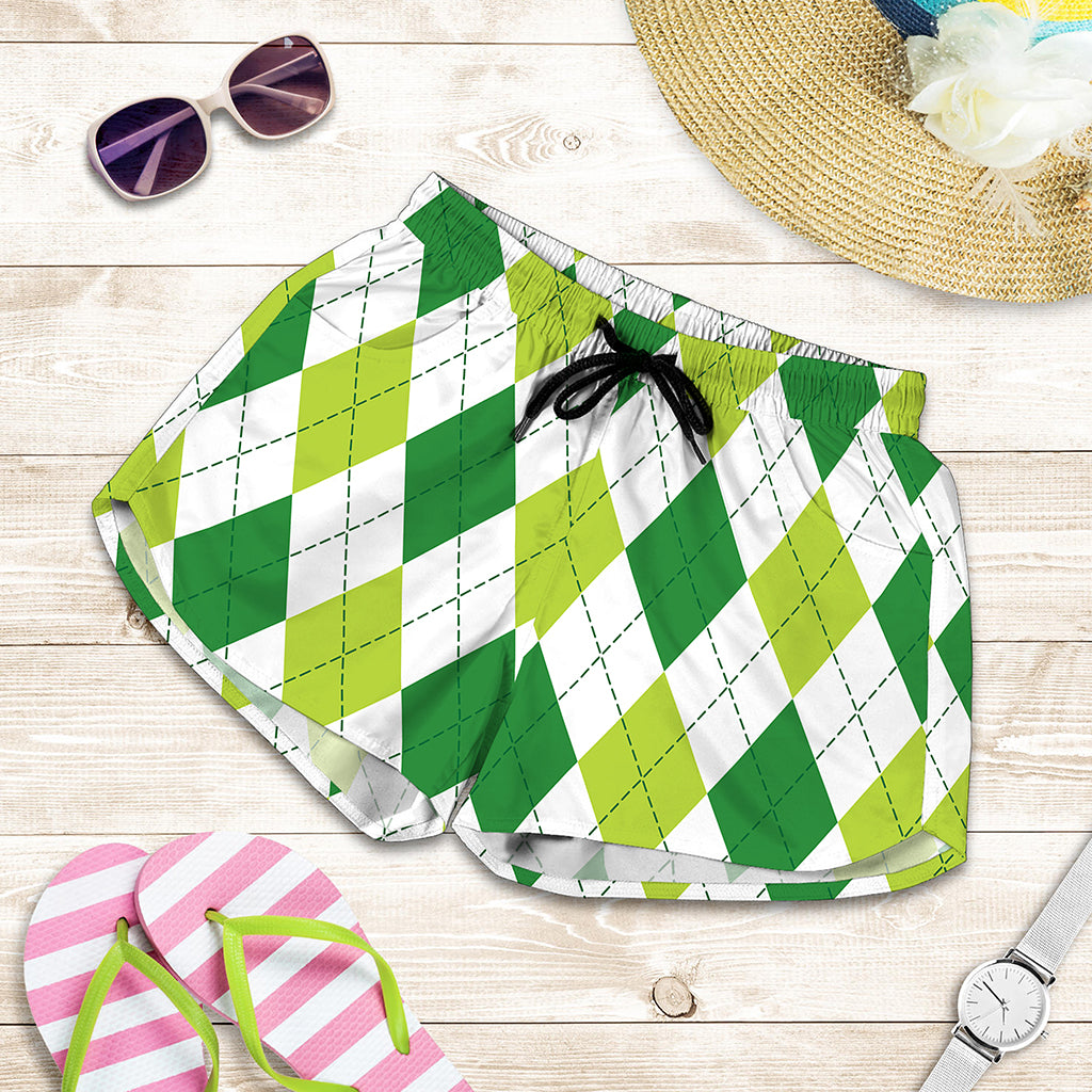 White And Green Argyle Pattern Print Women's Shorts