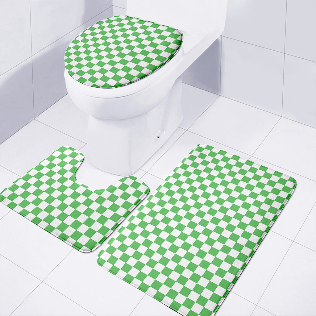 White And Green Checkered Print 3 Piece Bath Mat Set