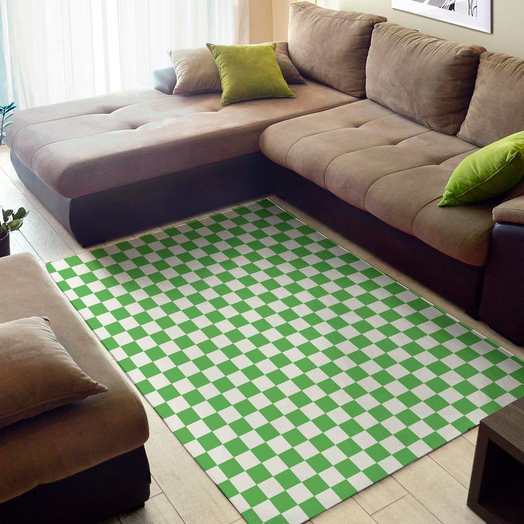 White And Green Checkered Print Area Rug