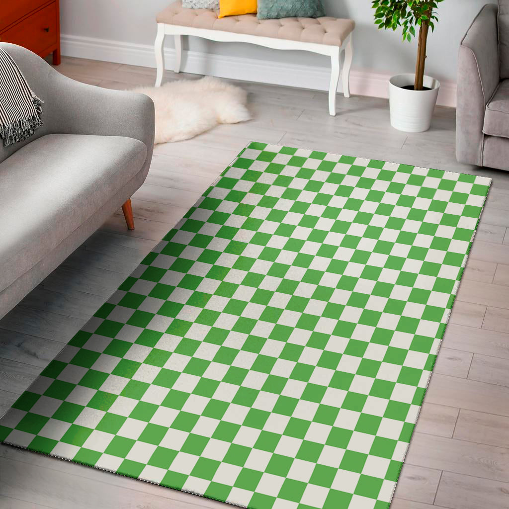 White And Green Checkered Print Area Rug
