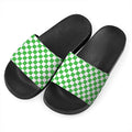 White And Green Checkered Print Black Slide Sandals