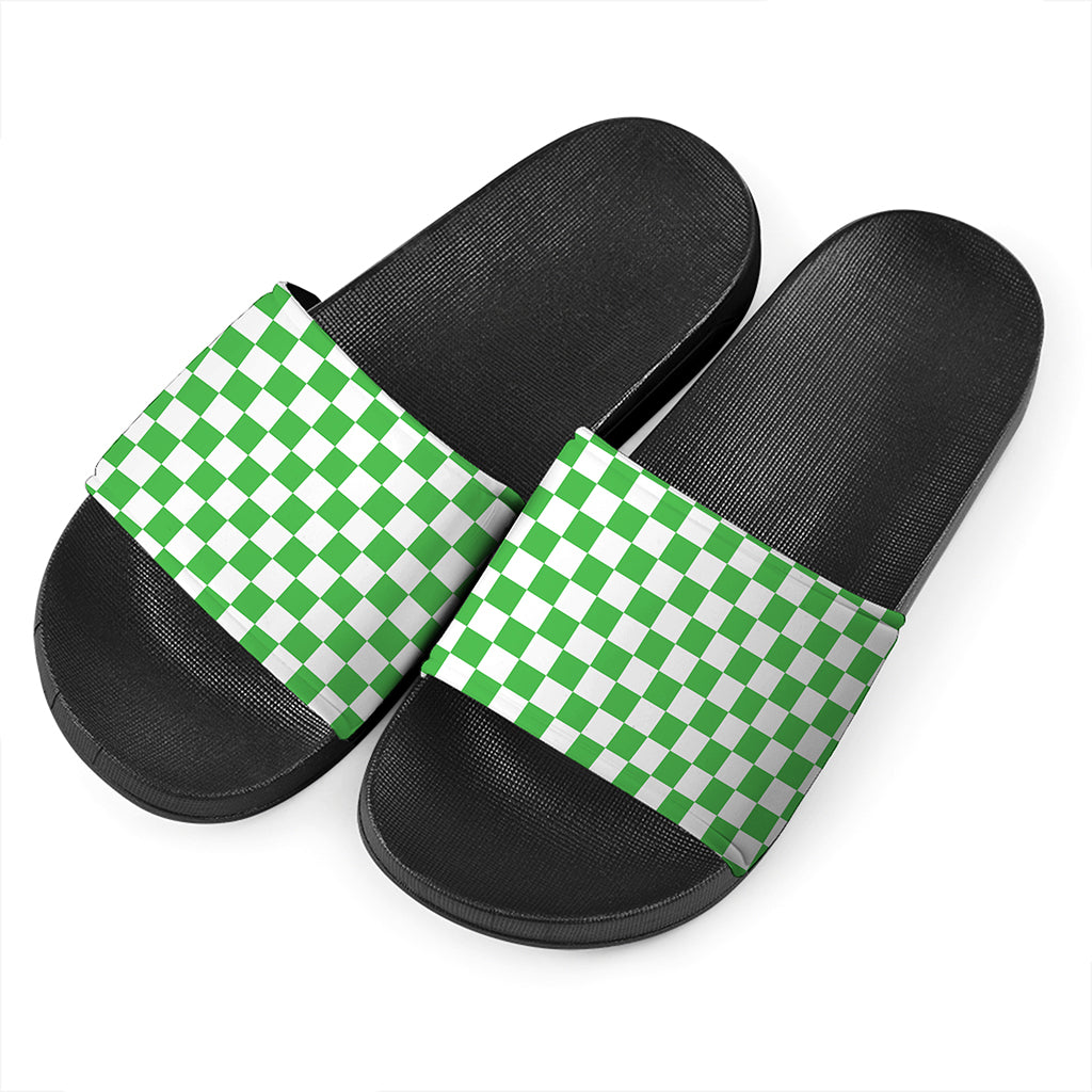 White And Green Checkered Print Black Slide Sandals