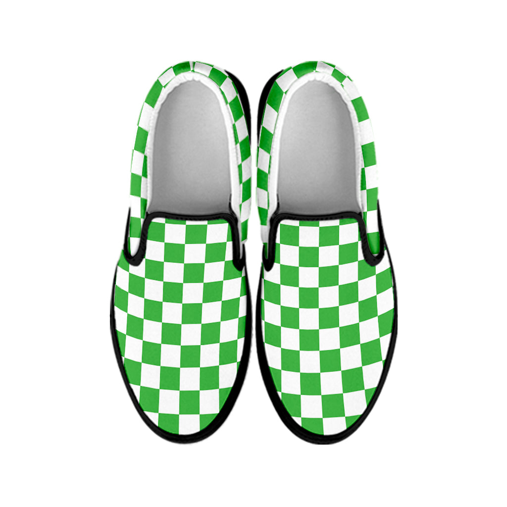 White And Green Checkered Print Black Slip On Shoes