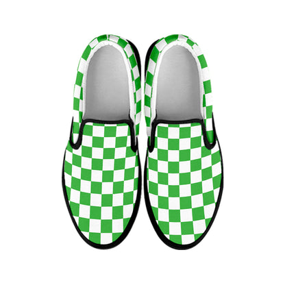 White And Green Checkered Print Black Slip On Shoes