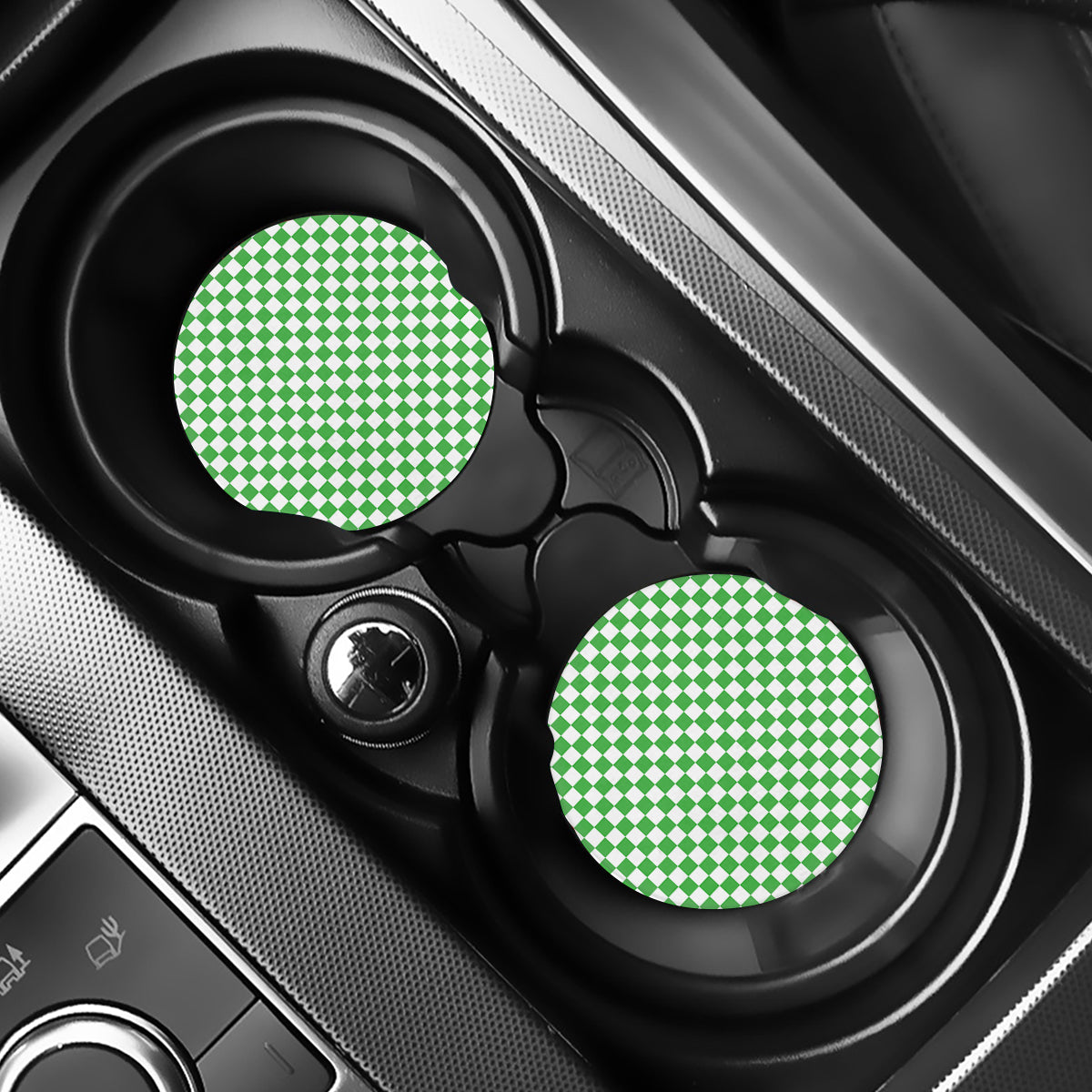 White And Green Checkered Print Car Coasters