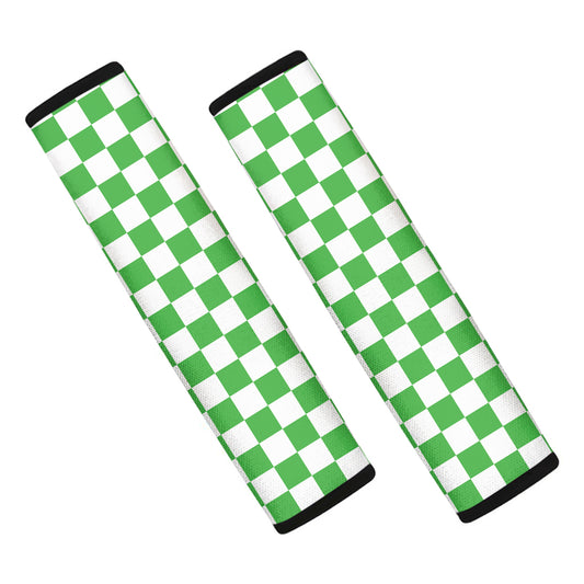 White And Green Checkered Print Car Seat Belt Covers