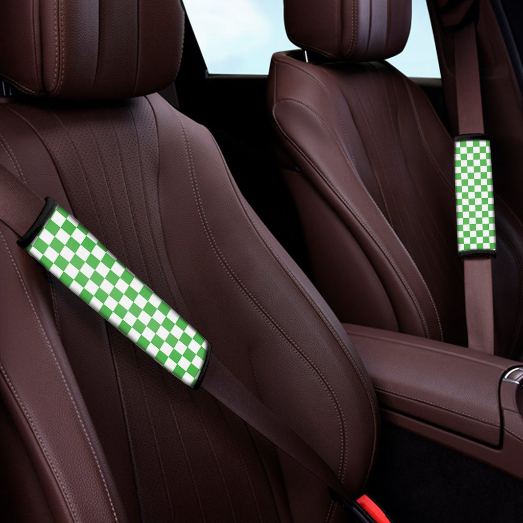 White And Green Checkered Print Car Seat Belt Covers