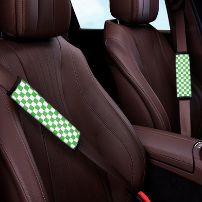 White And Green Checkered Print Car Seat Belt Covers