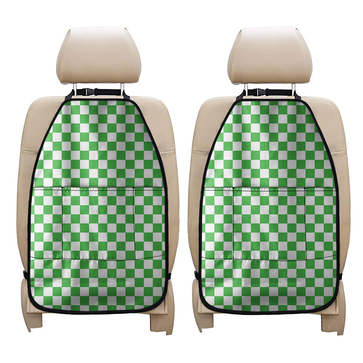 White And Green Checkered Print Car Seat Organizers