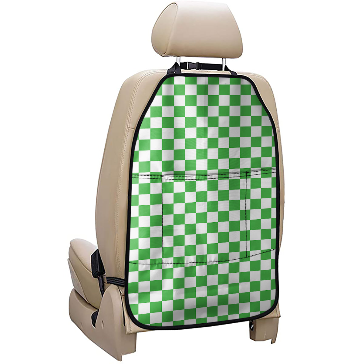 White And Green Checkered Print Car Seat Organizers