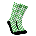 White And Green Checkered Print Crew Socks