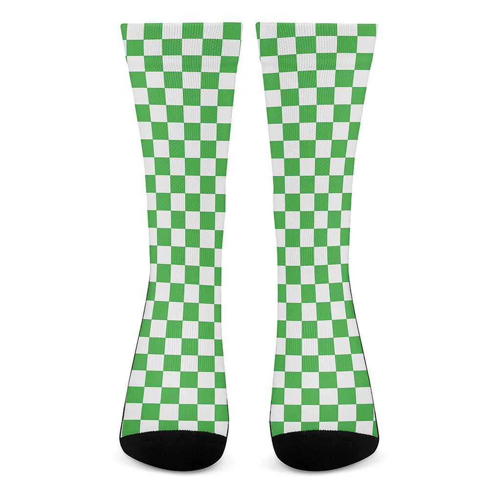 White And Green Checkered Print Crew Socks
