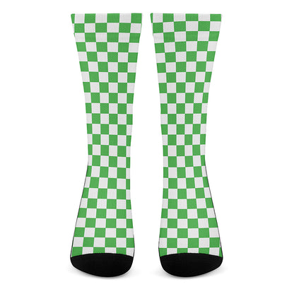 White And Green Checkered Print Crew Socks