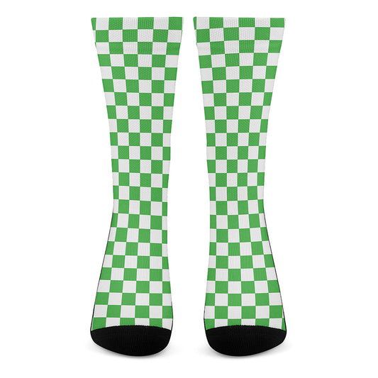 White And Green Checkered Print Crew Socks