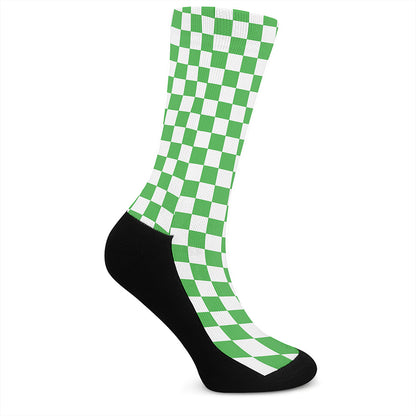 White And Green Checkered Print Crew Socks