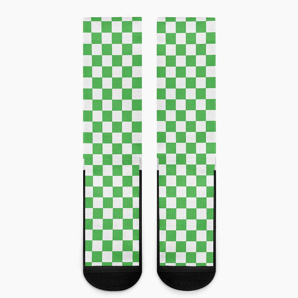 White And Green Checkered Print Crew Socks