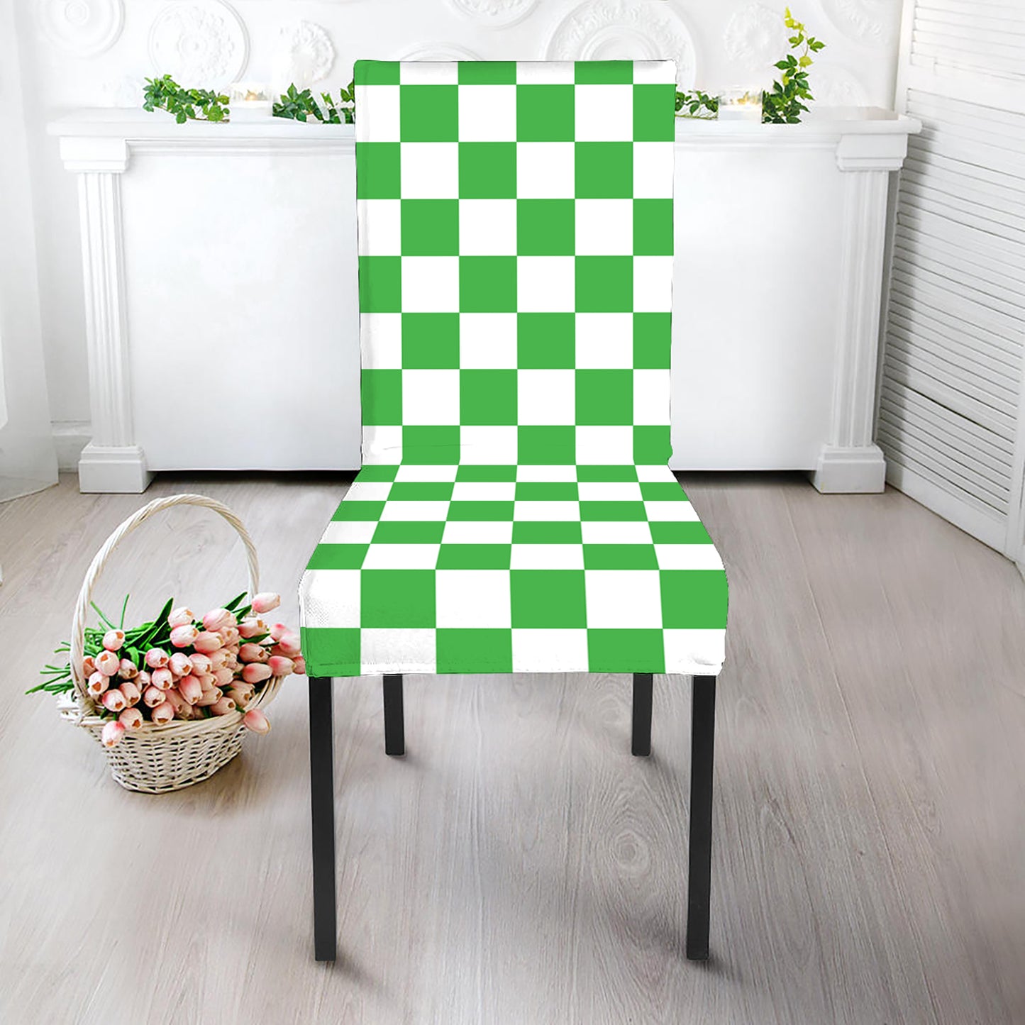 White And Green Checkered Print Dining Chair Slipcover