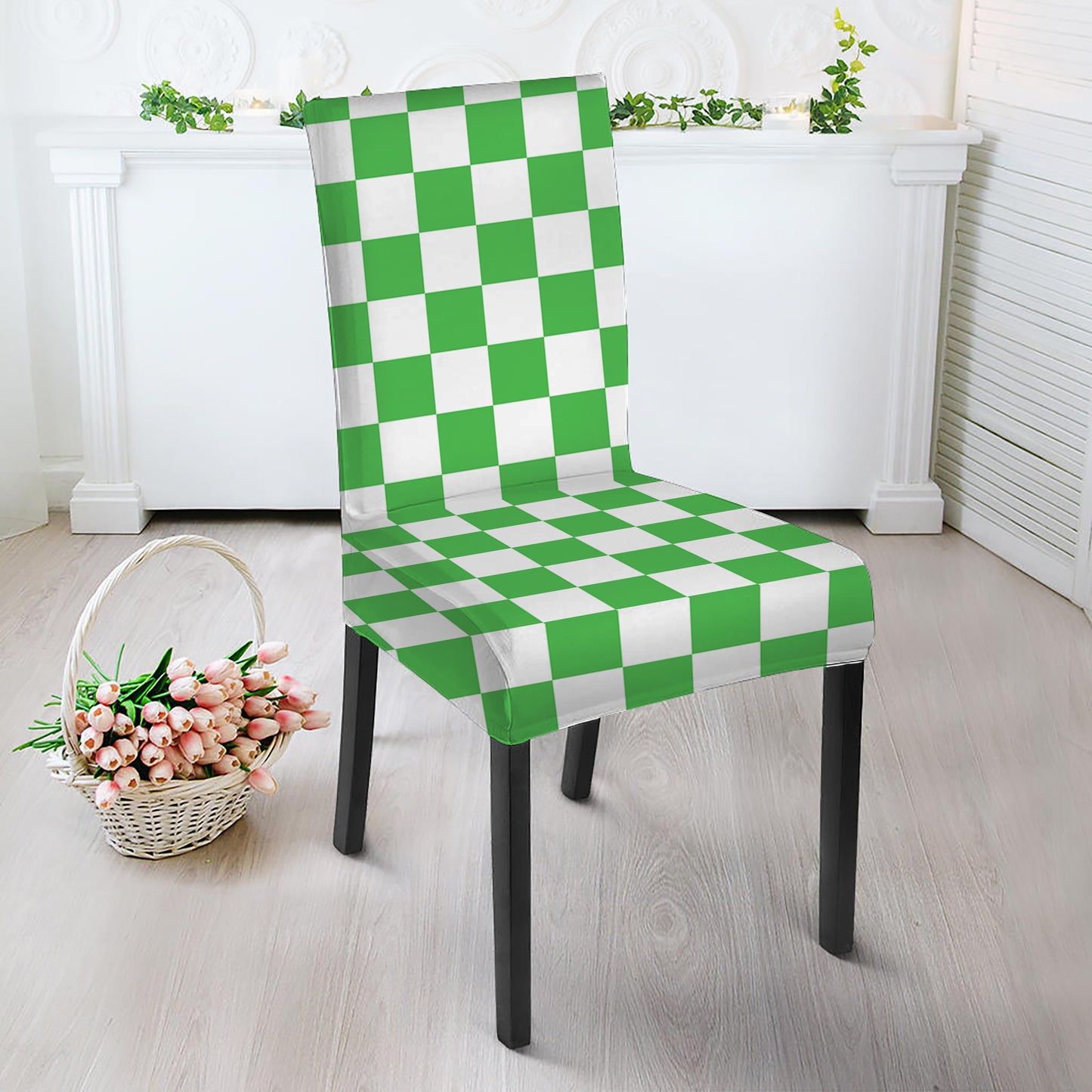 White And Green Checkered Print Dining Chair Slipcover