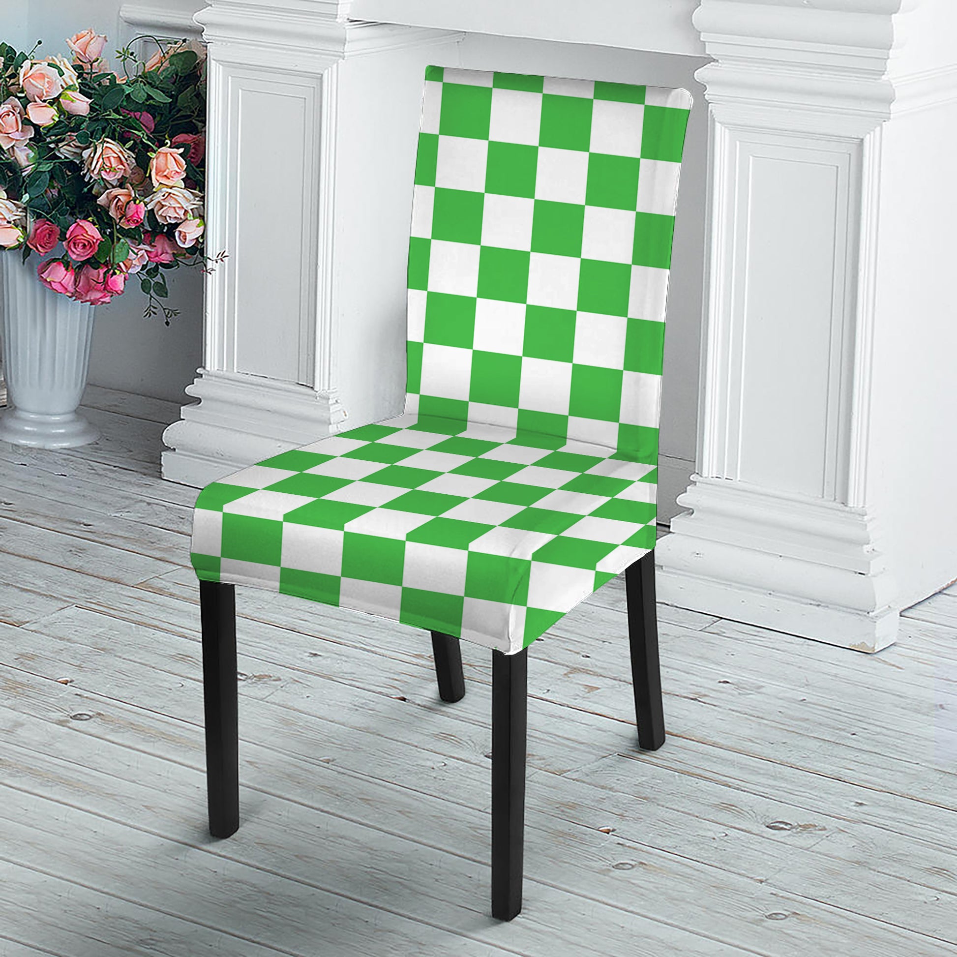White And Green Checkered Print Dining Chair Slipcover